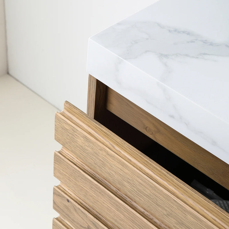 Matera 1 Drawer + 1 Open Shelf Bathroom Vanity With White Stone Sink - Wall Mount - 36" Wood/Pecan Oak