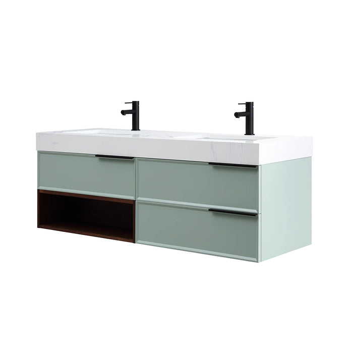 Marfa 3 Drawers And 1 Open Shelf Bathroom Vanity with Quartz Sink - Wall Mount - 60" Wood/Aloe Green/Walnut