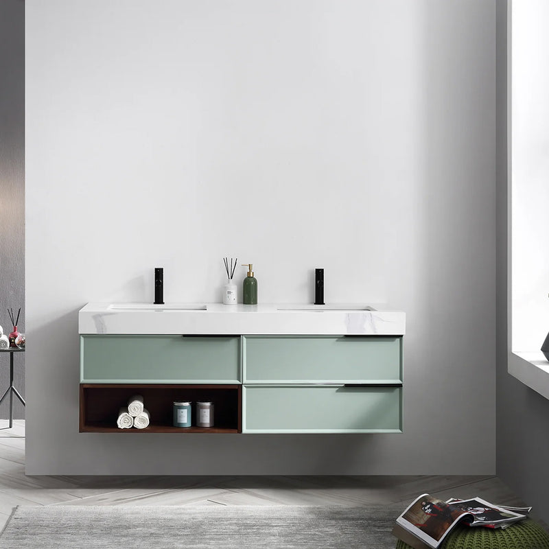 Marfa 3 Drawers And 1 Open Shelf Bathroom Vanity with Quartz Sink - Wall Mount - 60" Wood/Aloe Green/Walnut