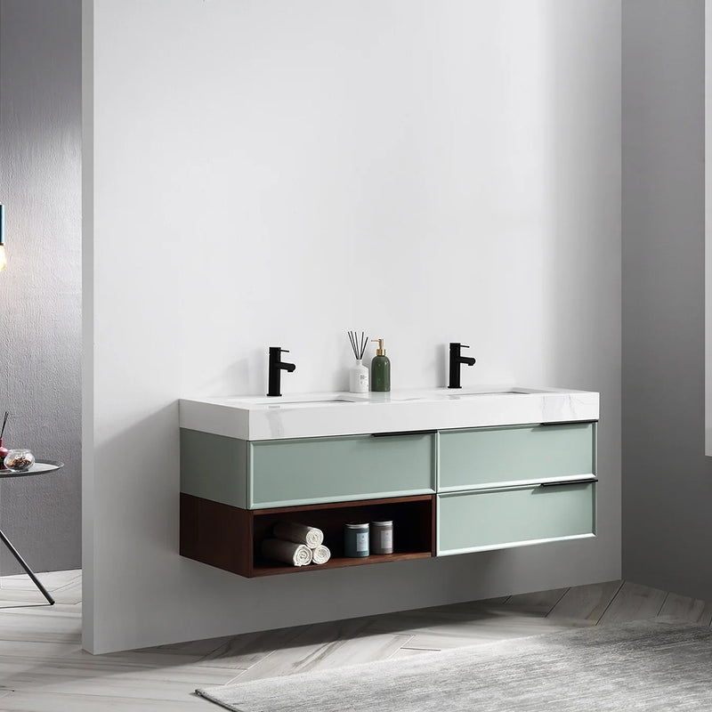 Marfa 3 Drawers And 1 Open Shelf Bathroom Vanity with Quartz Sink - Wall Mount - 60" Wood/Aloe Green/Walnut