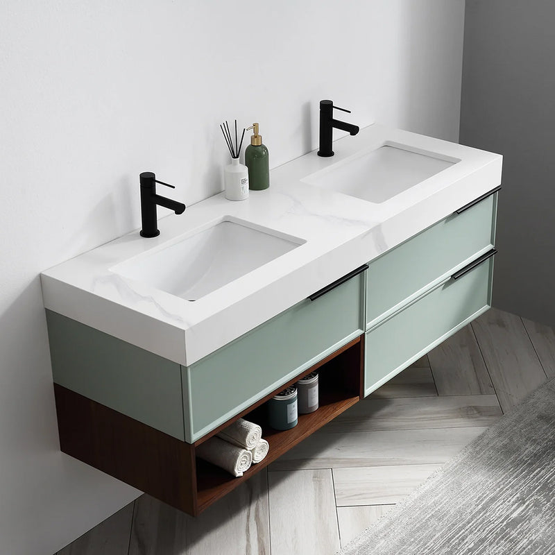 Marfa 3 Drawers And 1 Open Shelf Bathroom Vanity with Quartz Sink - Wall Mount - 60" Wood/Aloe Green/Walnut