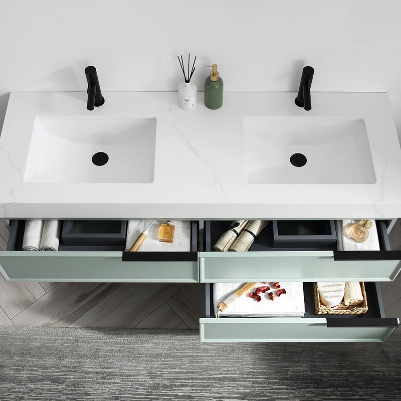 Marfa 3 Drawers And 1 Open Shelf Bathroom Vanity with Quartz Sink - Wall Mount - 60" Wood/Aloe Green/Walnut