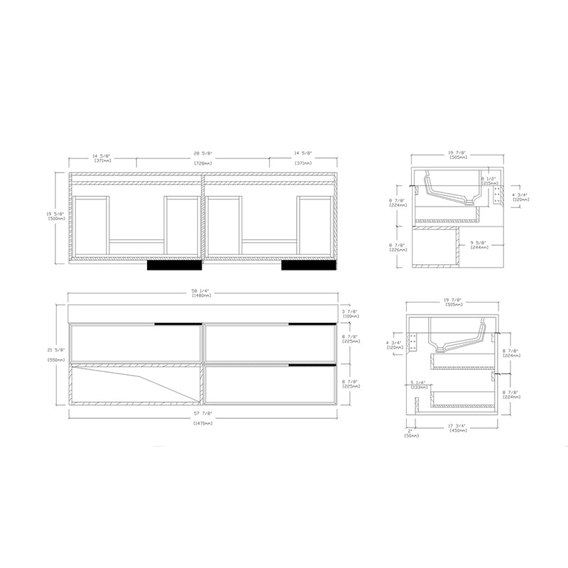 Marfa 3 Drawers And 1 Open Shelf Bathroom Vanity with Quartz Sink - Wall Mount - 60" Wood/Aloe Green/Walnut