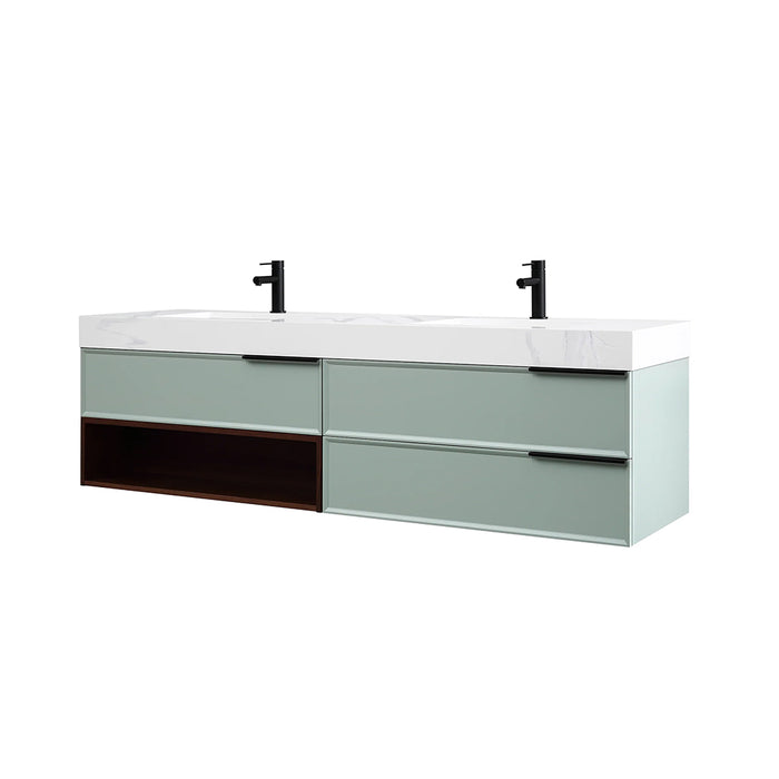 Marfa 3 Drawers And 1 Open Shelf Bathroom Vanity with Quartz Sink - Wall Mount - 72" Wood/Aloe Green/Walnut