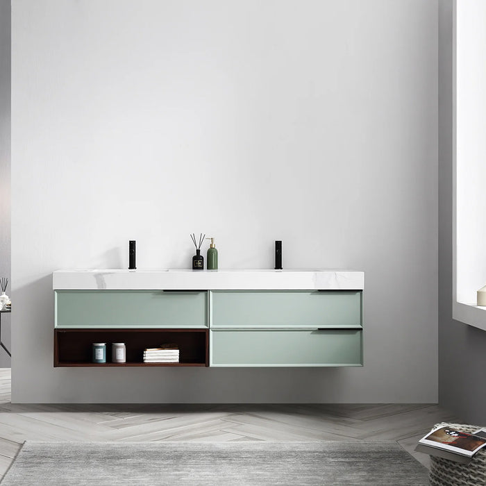 Marfa 3 Drawers And 1 Open Shelf Bathroom Vanity with Quartz Sink - Wall Mount - 72" Wood/Aloe Green/Walnut