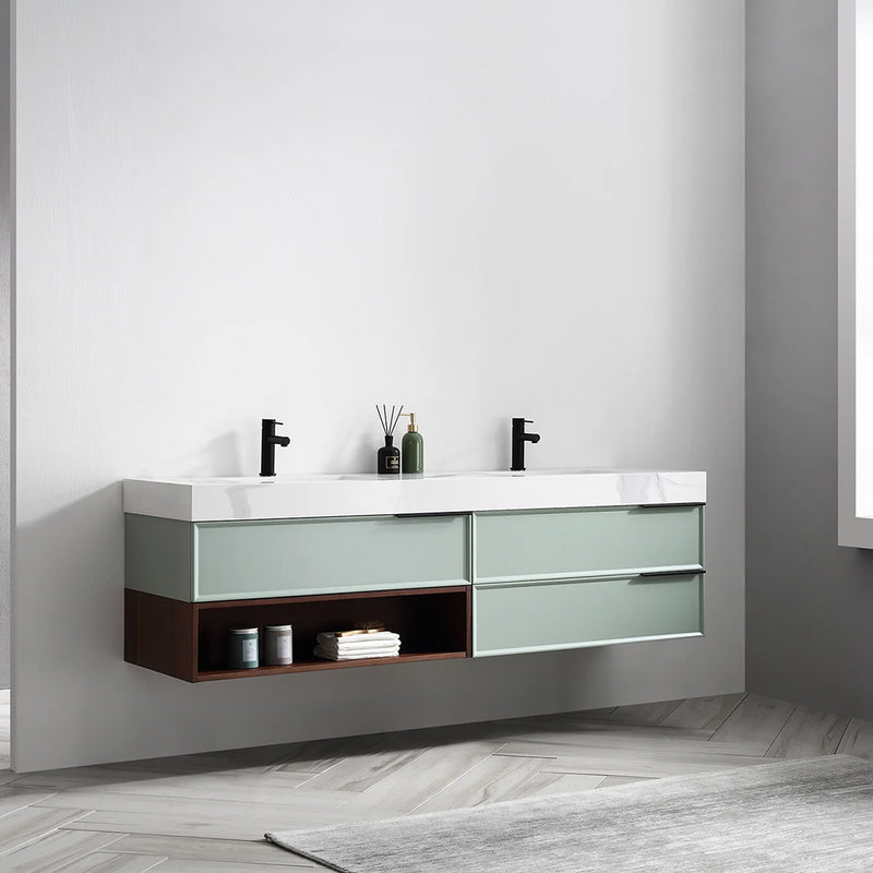 Marfa 3 Drawers And 1 Open Shelf Bathroom Vanity with Quartz Sink - Wall Mount - 72" Wood/Aloe Green/Walnut