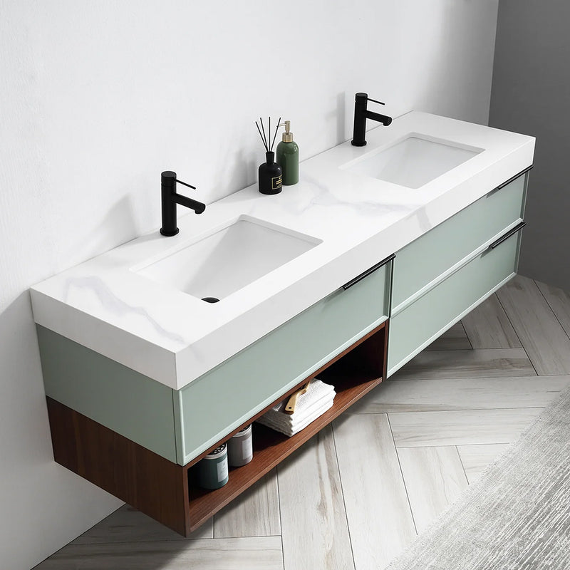 Marfa 3 Drawers And 1 Open Shelf Bathroom Vanity with Quartz Sink - Wall Mount - 72" Wood/Aloe Green/Walnut