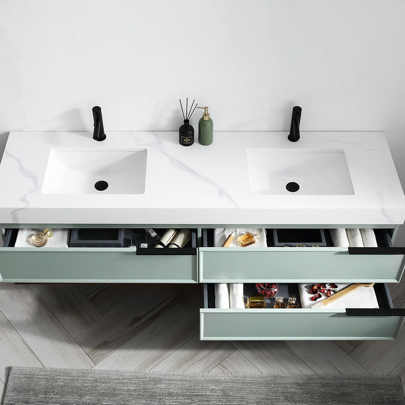 Marfa 3 Drawers And 1 Open Shelf Bathroom Vanity with Quartz Sink - Wall Mount - 72" Wood/Aloe Green/Walnut