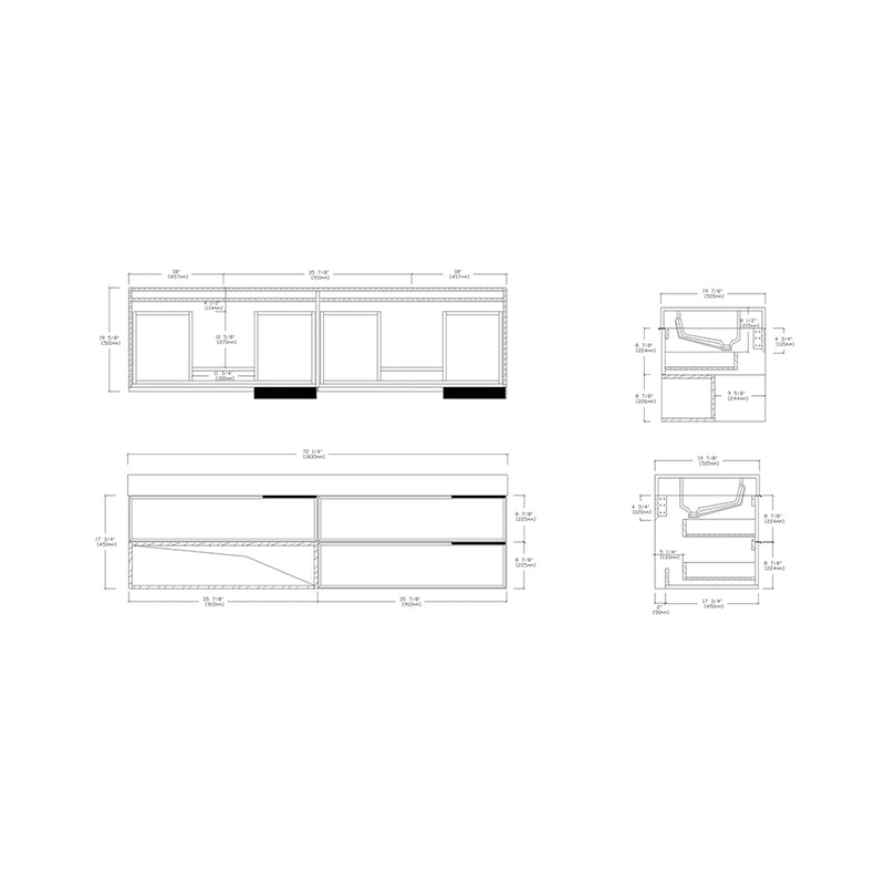 Marfa 3 Drawers And 1 Open Shelf Bathroom Vanity with Quartz Sink - Wall Mount - 72" Wood/Aloe Green/Walnut