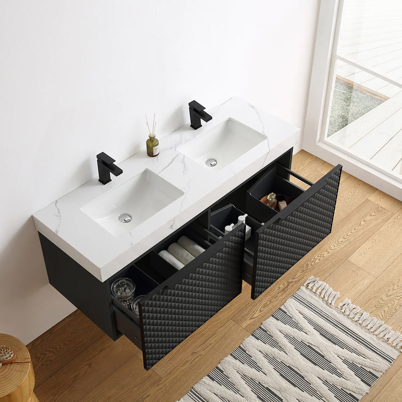 Manarola 2 Drawers Bathroom Vanity with Quartz Sink - Wall Mount - 48" Wood/Black Of Night