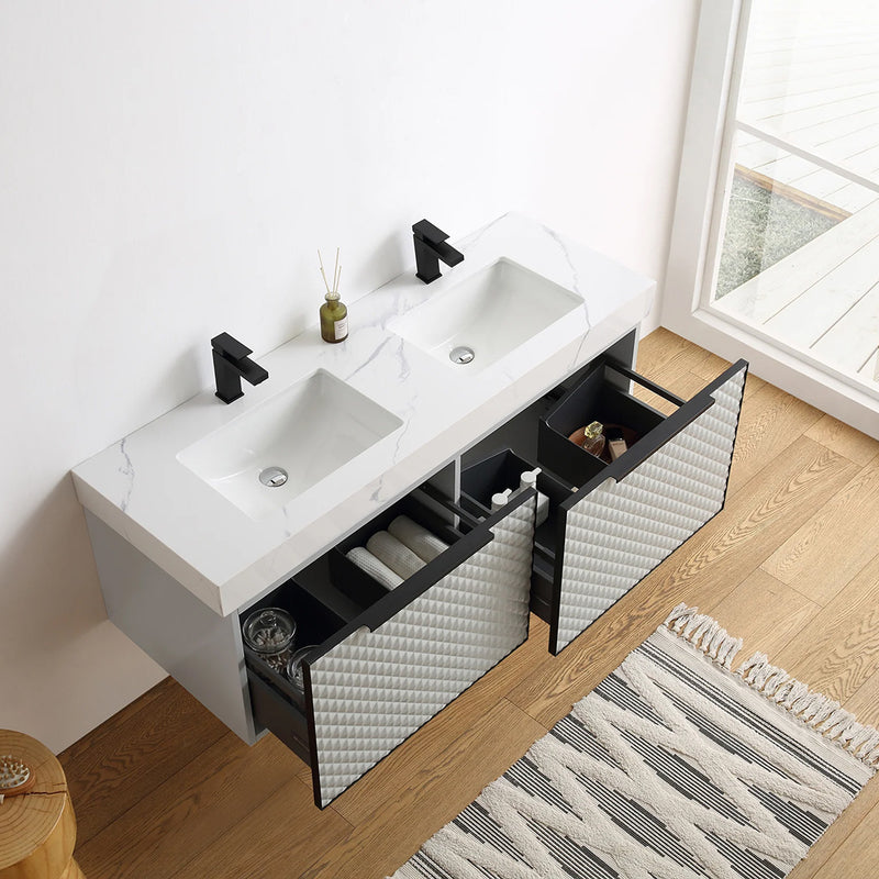 Manarola 2 Drawers Bathroom Vanity with Quartz Sink - Wall Mount - 48" Wood/Silver Grey