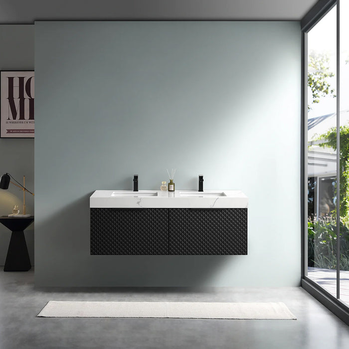 Manarola 2 Drawers Bathroom Vanity with Quartz Sink - Wall Mount - 60" Wood/Black Of Night