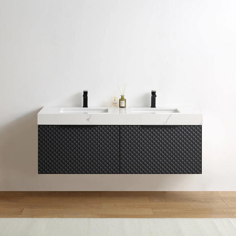 Manarola 2 Drawers Bathroom Vanity with Quartz Sink - Wall Mount - 60" Wood/Black Of Night