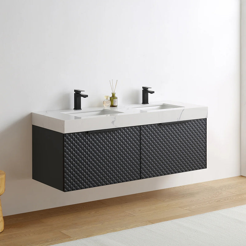 Manarola 2 Drawers Bathroom Vanity with Quartz Sink - Wall Mount - 60" Wood/Black Of Night