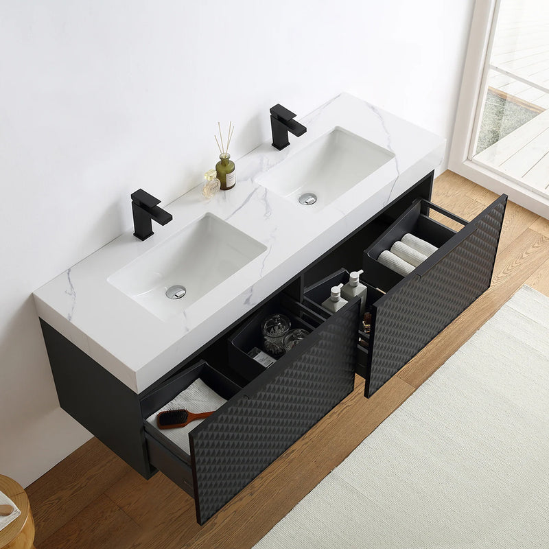 Manarola 2 Drawers Bathroom Vanity with Quartz Sink - Wall Mount - 60" Wood/Black Of Night