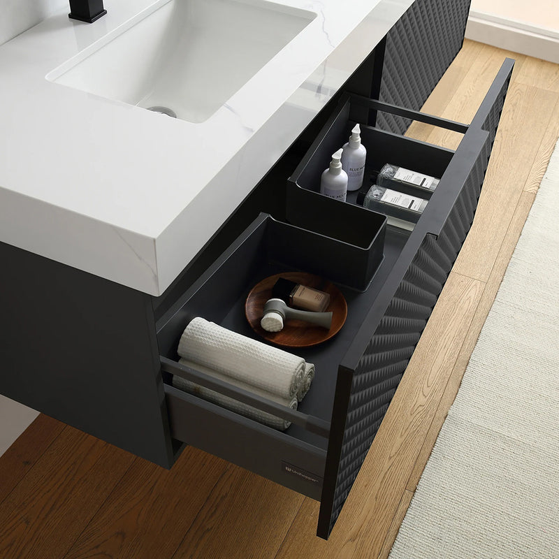 Manarola 2 Drawers Bathroom Vanity with Quartz Sink - Wall Mount - 60" Wood/Black Of Night