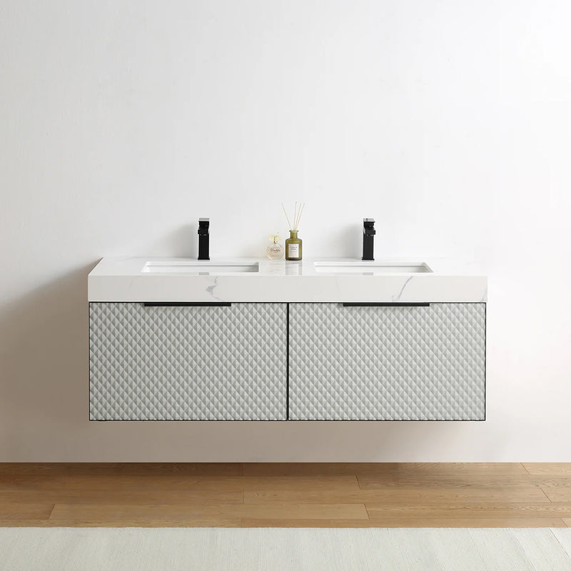 Manarola 2 Drawers Bathroom Vanity with Quartz Sink - Wall Mount - 60" Wood/Silver Grey