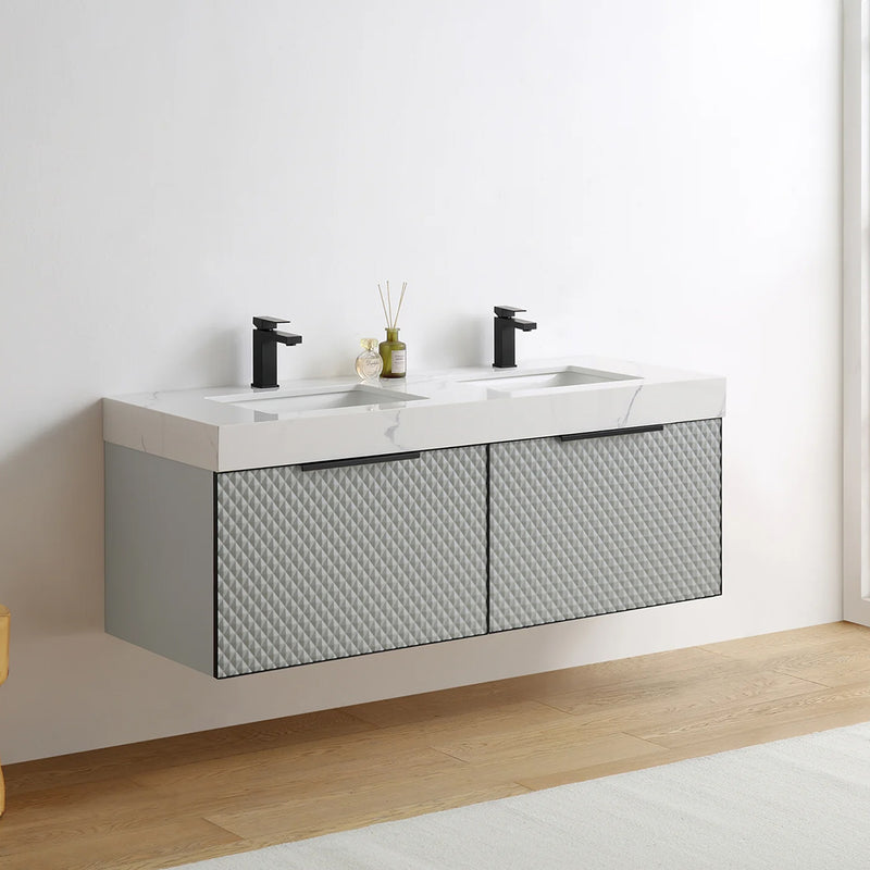 Manarola 2 Drawers Bathroom Vanity with Quartz Sink - Wall Mount - 60" Wood/Silver Grey