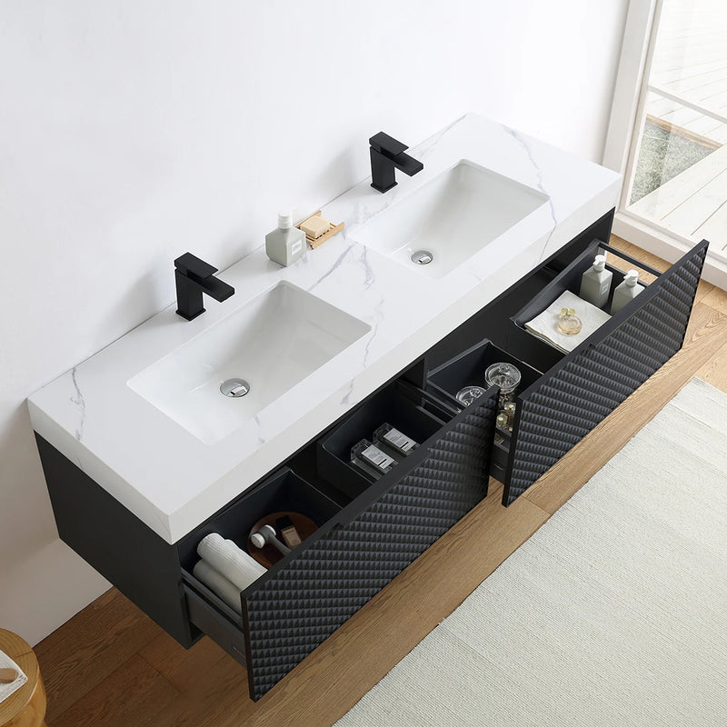 Manarola 2 Drawers Bathroom Vanity with Quartz Sink - Wall Mount - 72" Wood/Black Of Night