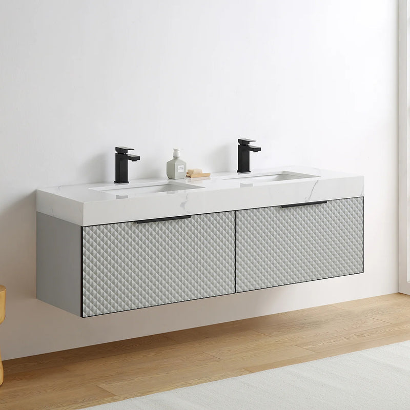 Manarola 2 Drawers Bathroom Vanity with Quartz Sink - Wall Mount - 72" Wood/Silver Grey