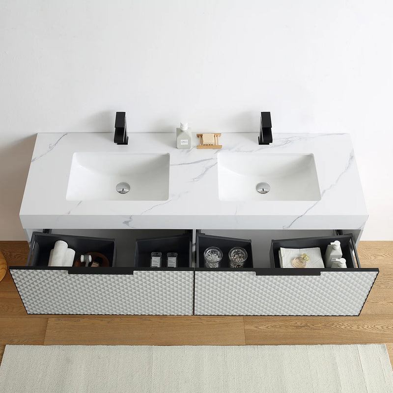 Manarola 2 Drawers Bathroom Vanity with Quartz Sink - Wall Mount - 72" Wood/Silver Grey