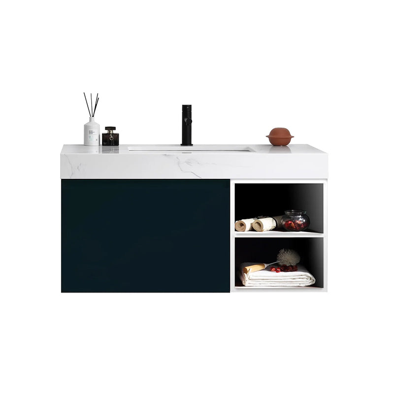 Manarola 1 Drawer And 2 Open Shelf Bathroom Vanity with Quartz Sink - Wall Mount - 42" Wood/Matt Black/White