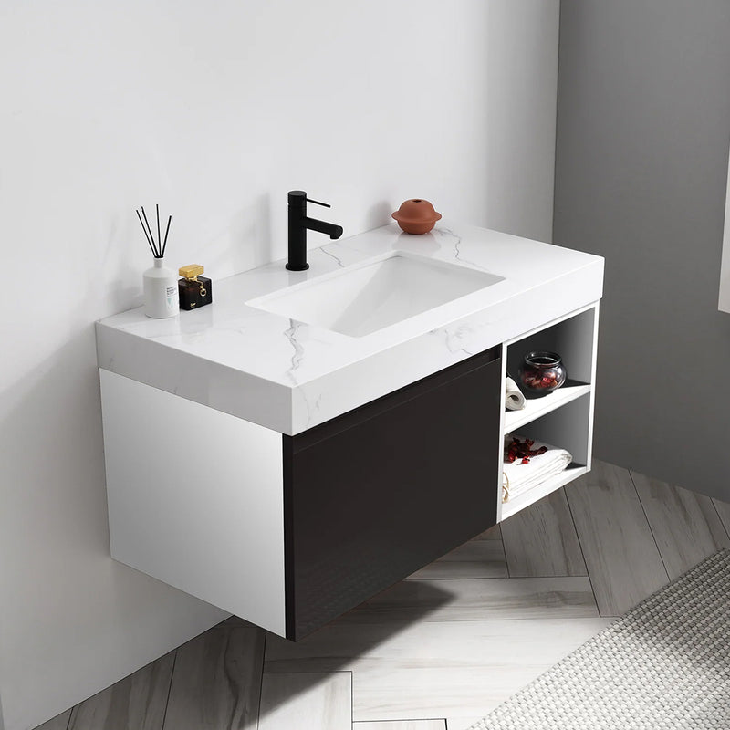 Manarola 1 Drawer And 2 Open Shelf Bathroom Vanity with Quartz Sink - Wall Mount - 42" Wood/Matt Black/White