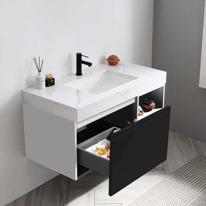 Manarola 1 Drawer And 2 Open Shelf Bathroom Vanity with Quartz Sink - Wall Mount - 42" Wood/Matt Black/White