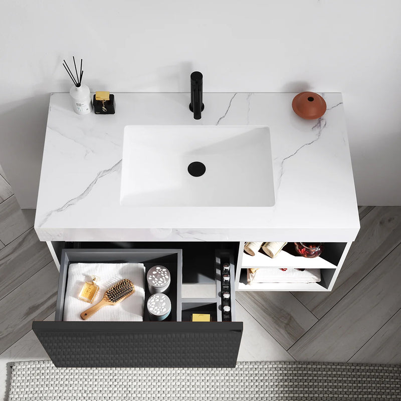 Manarola 1 Drawer And 2 Open Shelf Bathroom Vanity with Quartz Sink - Wall Mount - 42" Wood/Matt Black/White