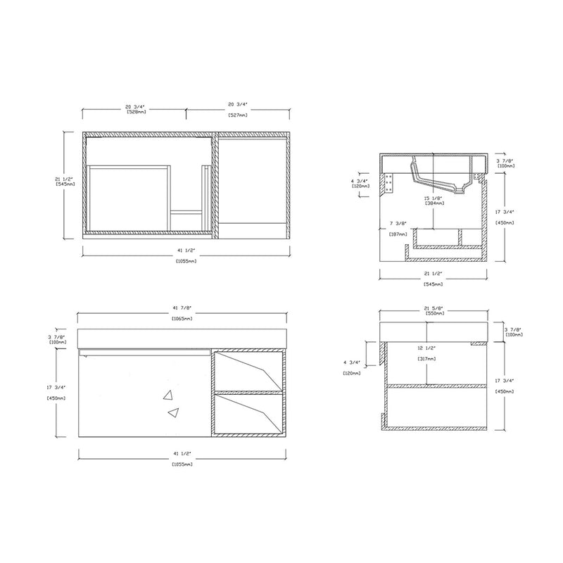 Manarola 1 Drawer And 2 Open Shelf Bathroom Vanity with Quartz Sink - Wall Mount - 42" Wood/Matt Black/White