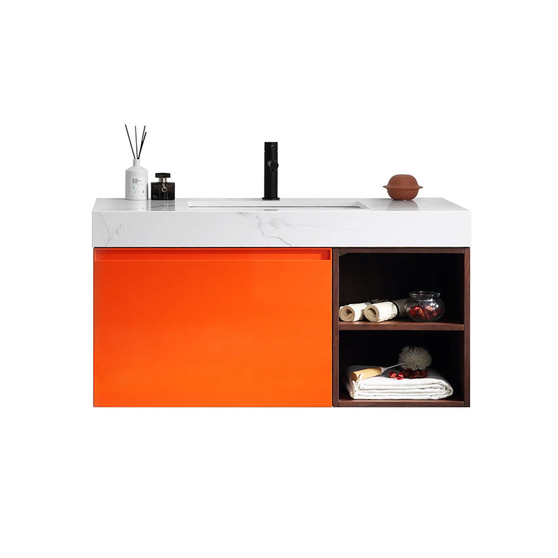 Manarola 1 Drawer And 2 Open Shelf Bathroom Vanity with Quartz Sink - Wall Mount - 42" Wood/Red Amber/Dark Walnut