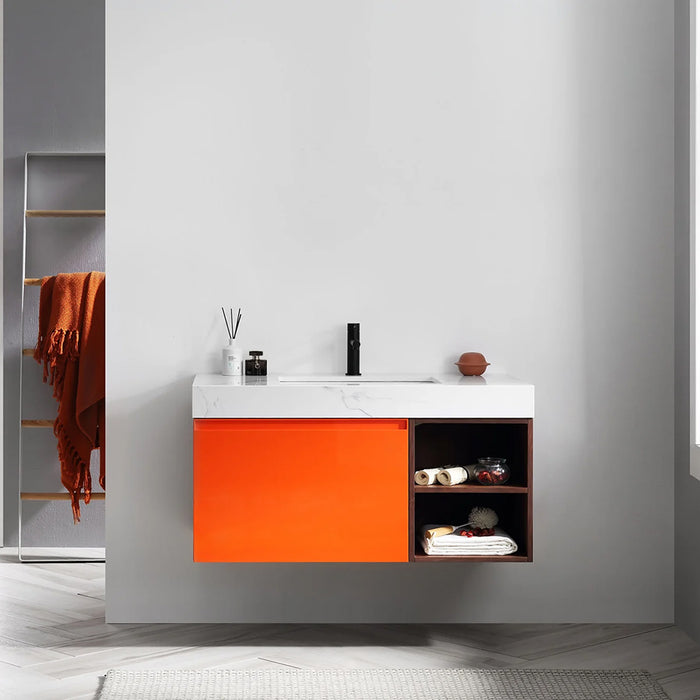 Manarola 1 Drawer And 2 Open Shelf Bathroom Vanity with Quartz Sink - Wall Mount - 42" Wood/Red Amber/Dark Walnut