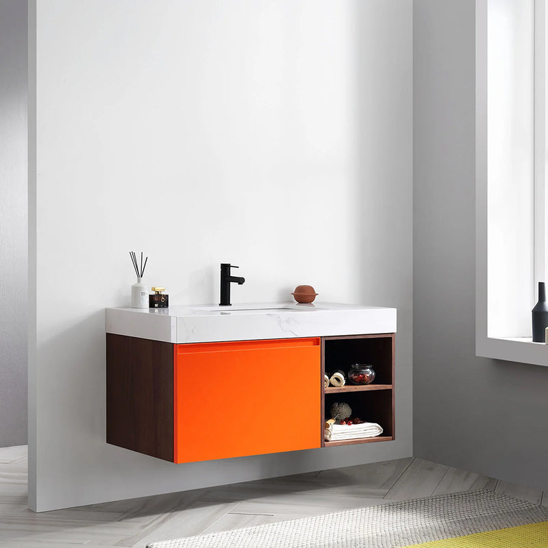 Manarola 1 Drawer And 2 Open Shelf Bathroom Vanity with Quartz Sink - Wall Mount - 42" Wood/Red Amber/Dark Walnut