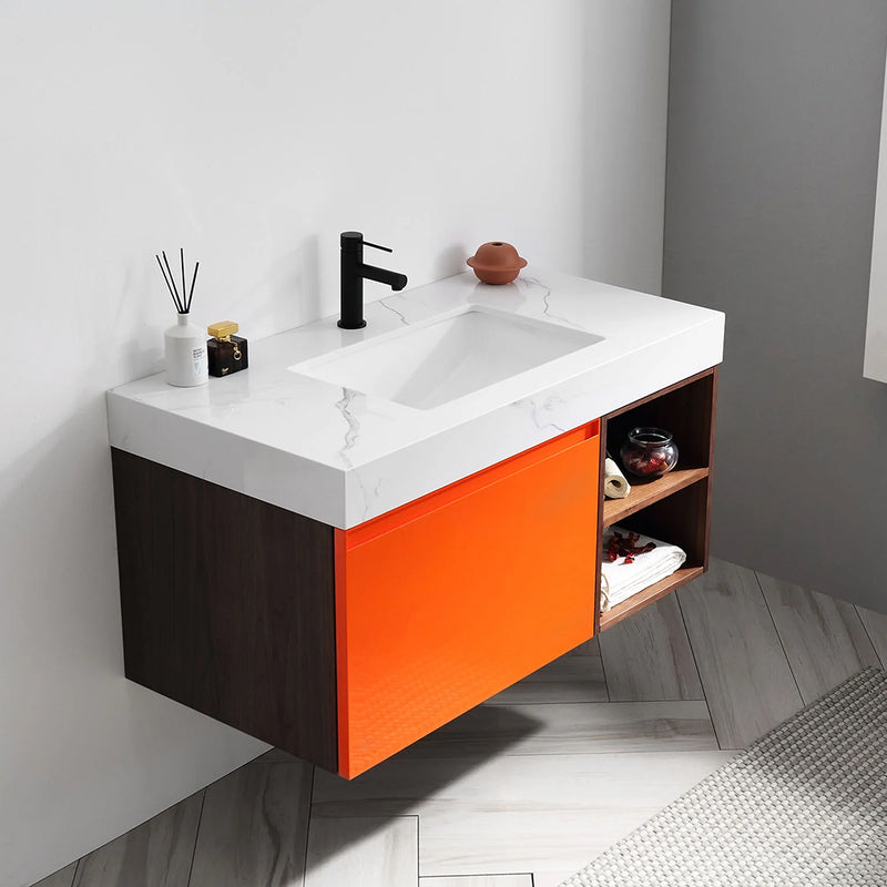 Manarola 1 Drawer And 2 Open Shelf Bathroom Vanity with Quartz Sink - Wall Mount - 42" Wood/Red Amber/Dark Walnut