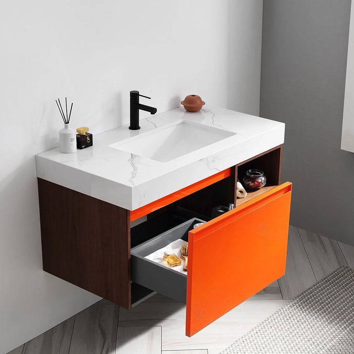 Manarola 1 Drawer And 2 Open Shelf Bathroom Vanity with Quartz Sink - Wall Mount - 42" Wood/Red Amber/Dark Walnut
