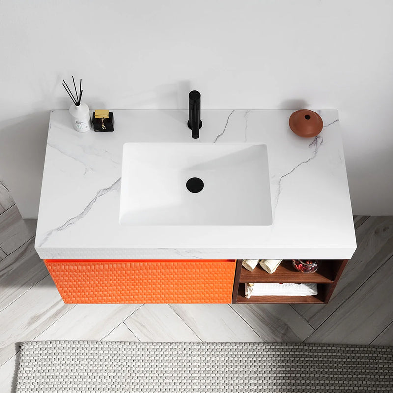 Manarola 1 Drawer And 2 Open Shelf Bathroom Vanity with Quartz Sink - Wall Mount - 42" Wood/Red Amber/Dark Walnut