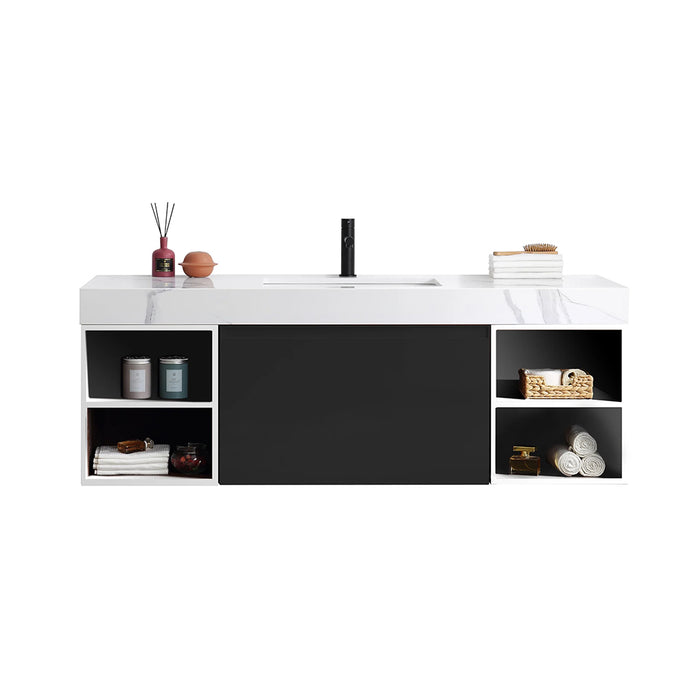Manarola 1 Drawer And 4 Open Shelf Bathroom Vanity with Quartz Sink - Wall Mount - 60" Wood/Matt Black/White