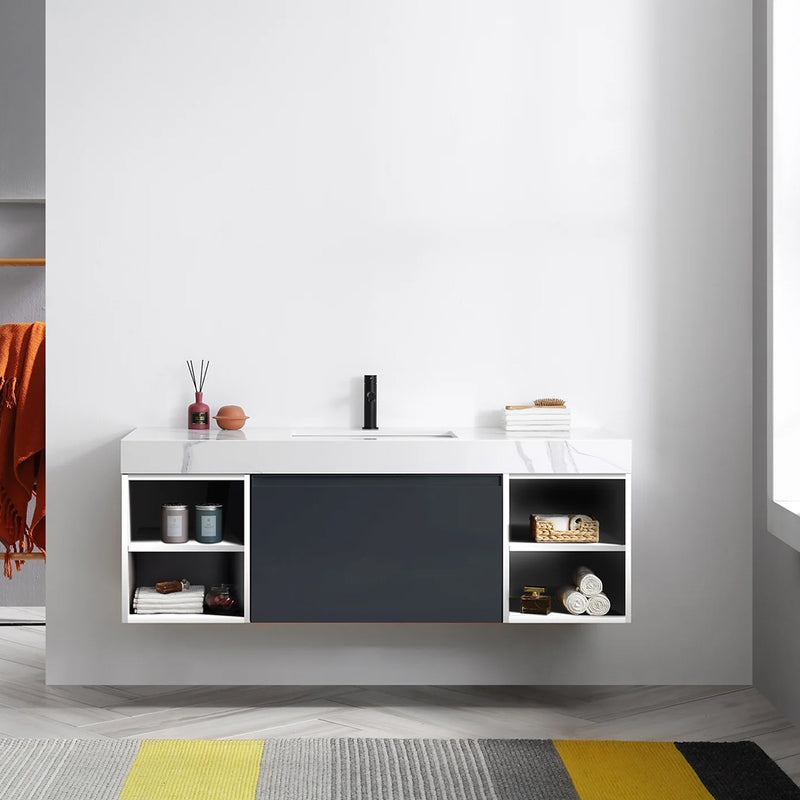 Manarola 1 Drawer And 4 Open Shelf Bathroom Vanity with Quartz Sink - Wall Mount - 60" Wood/Matt Black/White