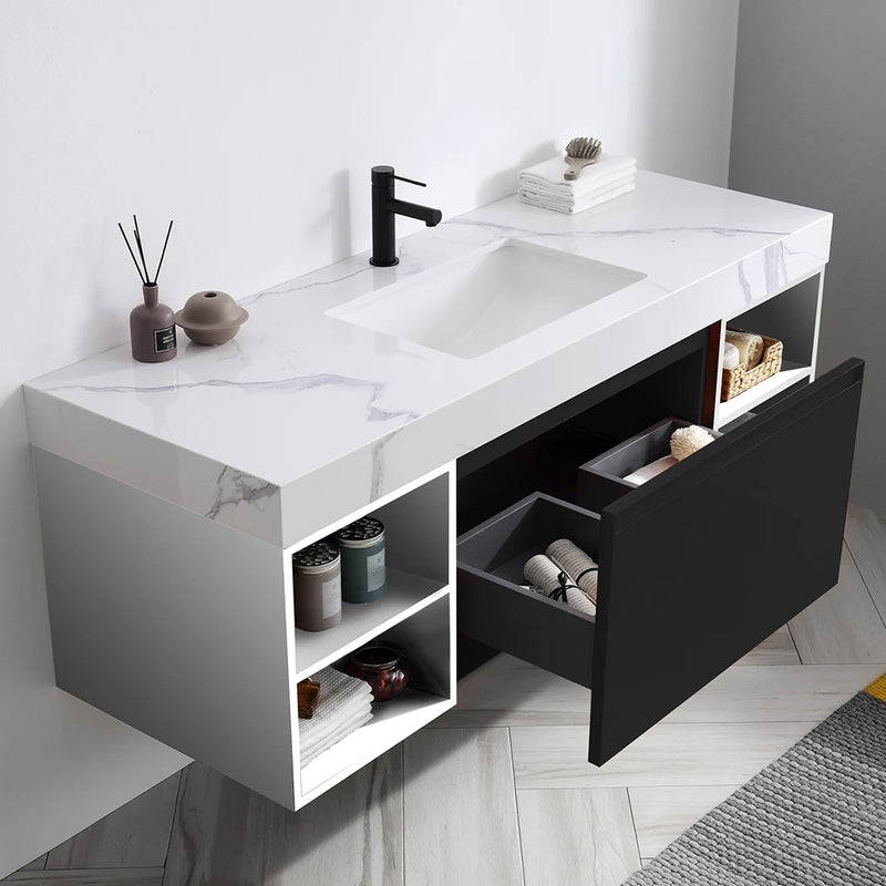 Manarola 1 Drawer And 4 Open Shelf Bathroom Vanity with Quartz Sink - Wall Mount - 60" Wood/Matt Black/White