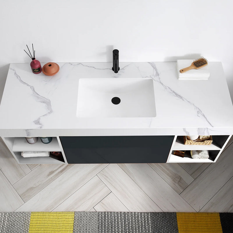 Manarola 1 Drawer And 4 Open Shelf Bathroom Vanity with Quartz Sink - Wall Mount - 60" Wood/Matt Black/White