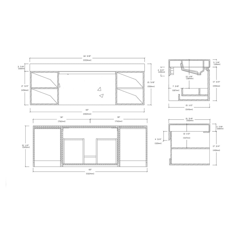Manarola 1 Drawer And 4 Open Shelf Bathroom Vanity with Quartz Sink - Wall Mount - 60" Wood/Matt Black/White