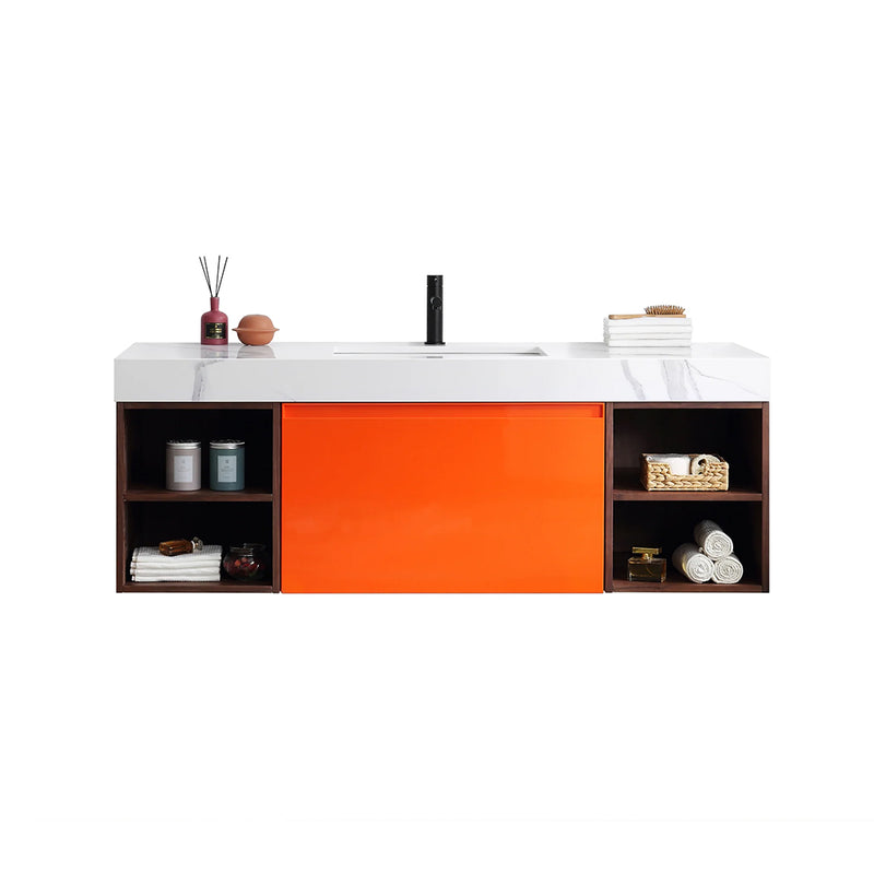 Manarola 1 Drawer And 4 Open Shelf Bathroom Vanity with Quartz Sink - Wall Mount - 60" Wood/Red Amber/Dark Walnut
