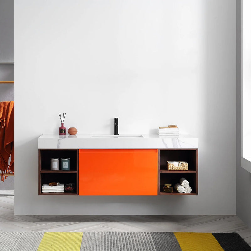 Manarola 1 Drawer And 4 Open Shelf Bathroom Vanity with Quartz Sink - Wall Mount - 60" Wood/Red Amber/Dark Walnut