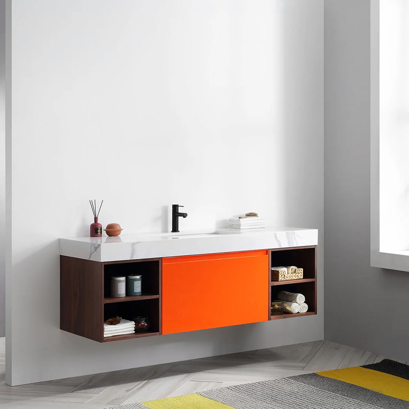 Manarola 1 Drawer And 4 Open Shelf Bathroom Vanity with Quartz Sink - Wall Mount - 60" Wood/Red Amber/Dark Walnut