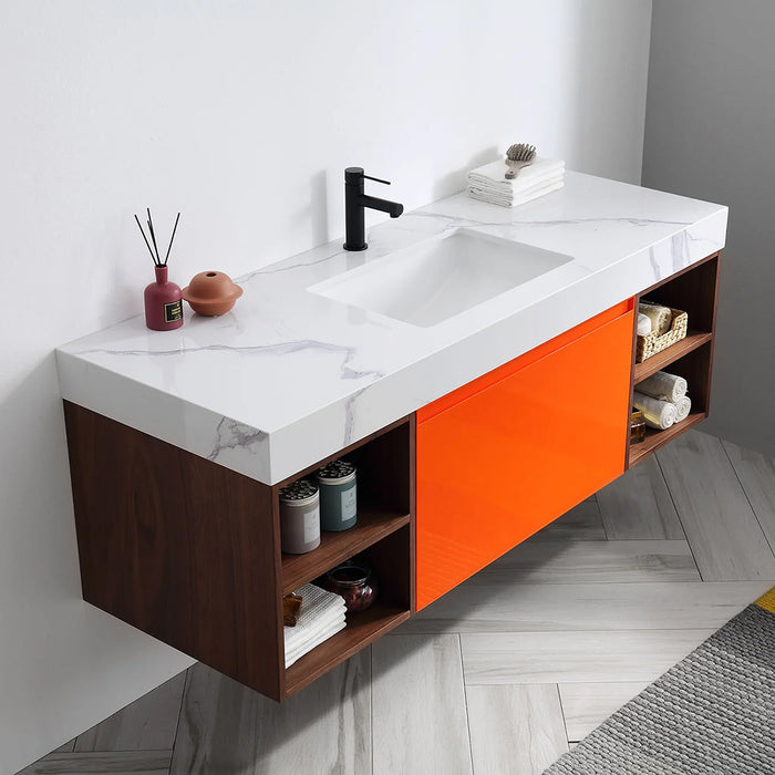 Manarola 1 Drawer And 4 Open Shelf Bathroom Vanity with Quartz Sink - Wall Mount - 60" Wood/Red Amber/Dark Walnut