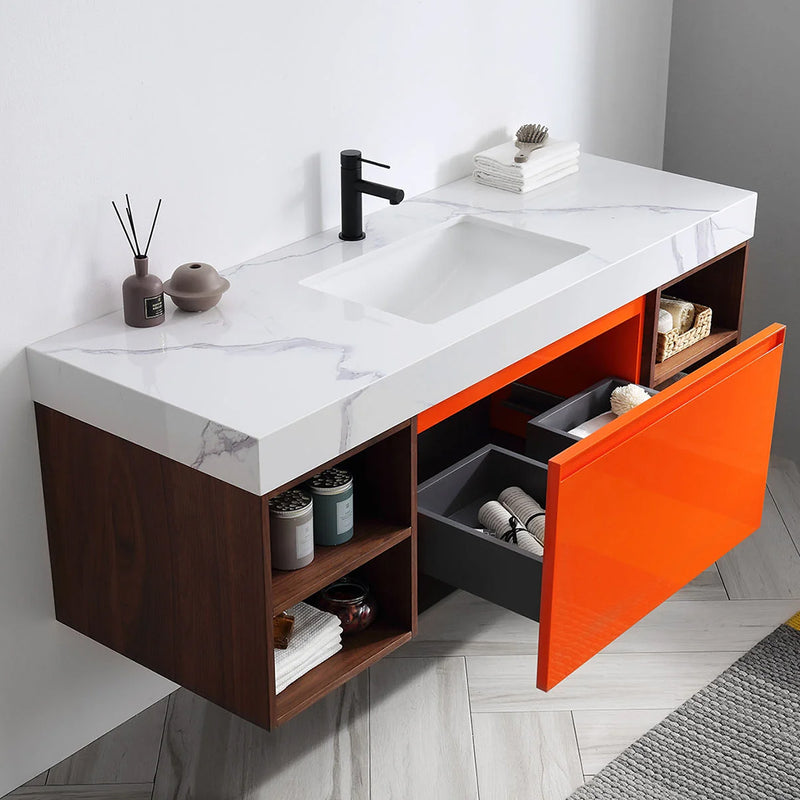Manarola 1 Drawer And 4 Open Shelf Bathroom Vanity with Quartz Sink - Wall Mount - 60" Wood/Red Amber/Dark Walnut