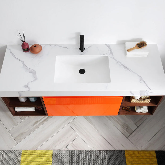 Manarola 1 Drawer And 4 Open Shelf Bathroom Vanity with Quartz Sink - Wall Mount - 60" Wood/Red Amber/Dark Walnut