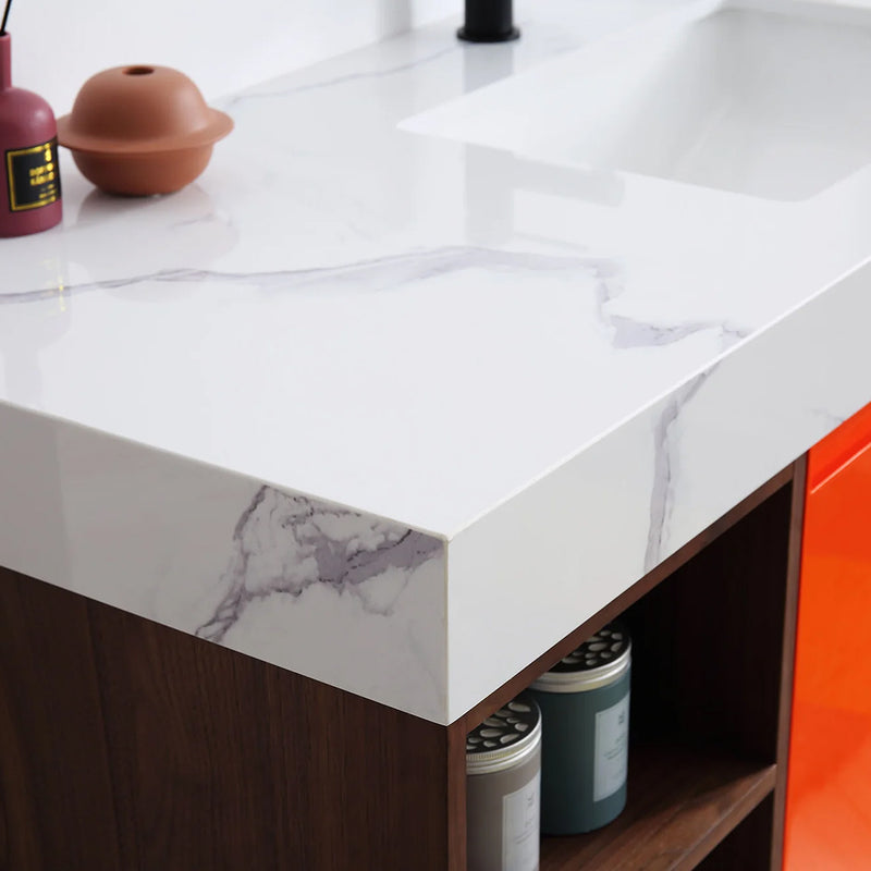 Manarola 1 Drawer And 4 Open Shelf Bathroom Vanity with Quartz Sink - Wall Mount - 60" Wood/Red Amber/Dark Walnut