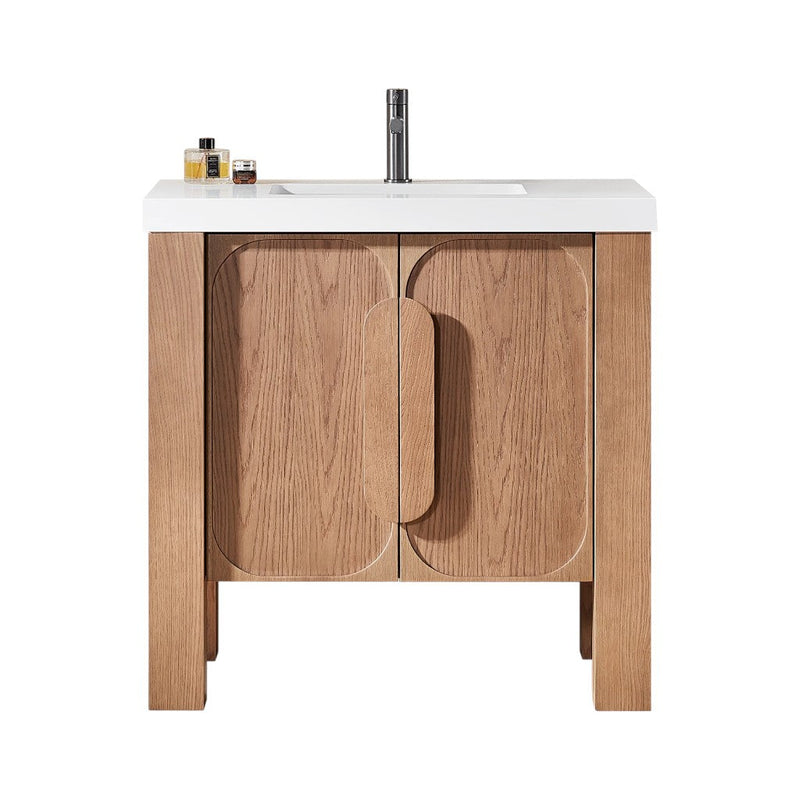 Munich 2 Doors Bathroom Vanity with White Quartz Sink - Floor Mount - 36" Wood/Natural Teak