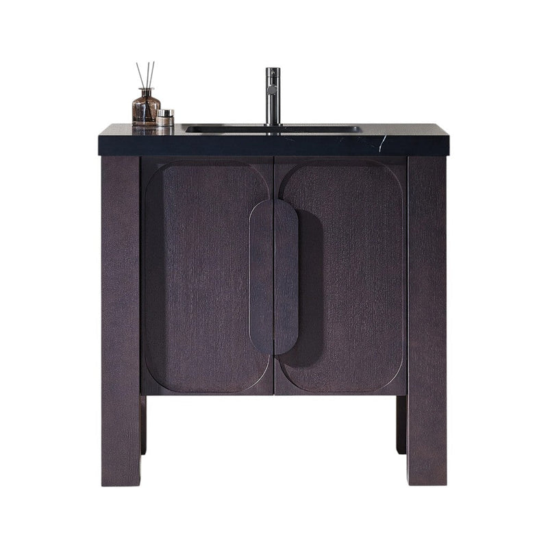 Munich 2 Doors Bathroom Vanity with Black Quartz Sink - Floor Mount - 36" Wood/Espresso Oak